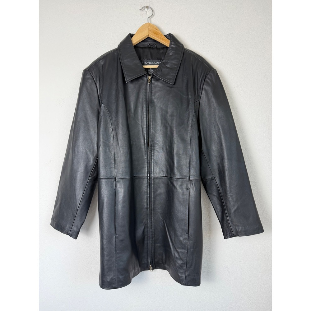 Centigrade Black Leather Coat 1X Long Zip Jacket Minimalist 90s Y2K